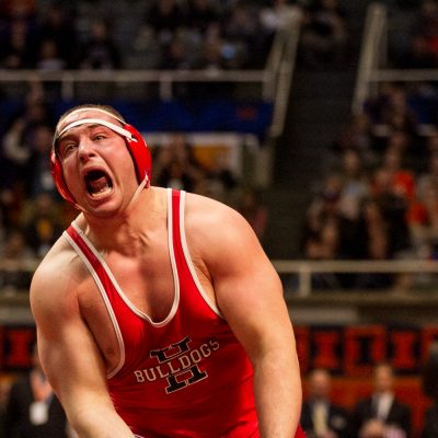 Champaign, 2/22/14--Highland High School's Tanner Farmer, yells out after winning the 285 pound title in the 2A individual state finals of wrestling. | Vincent D. Johnson/for Sun-Times Media